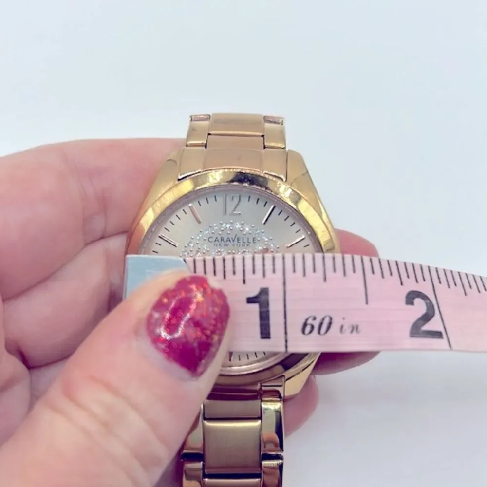 Working! Caravelle New York Rose Gold Rhinestone Face Ladies Watch